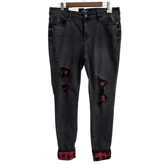 NWT Judy Blue jeans women’s juniors 15/32 black wash skinny fit plaid distressed - Picture 1 of 15